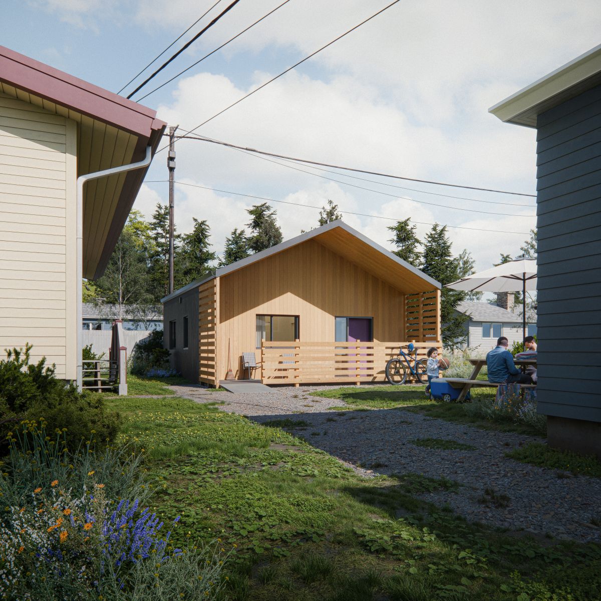 Rendu 3D d’une maison en bois de plain-pied avec toit à pignon et garde-corps à lattes horizontales. L'immeuble est doté d’un bardage en bois, d’une entrée en retrait et de grandes fenêtres pour laisser entrer la lumière naturelle. La maison se situe dans un quartier résidentiel et est entourée d’autres maisons.